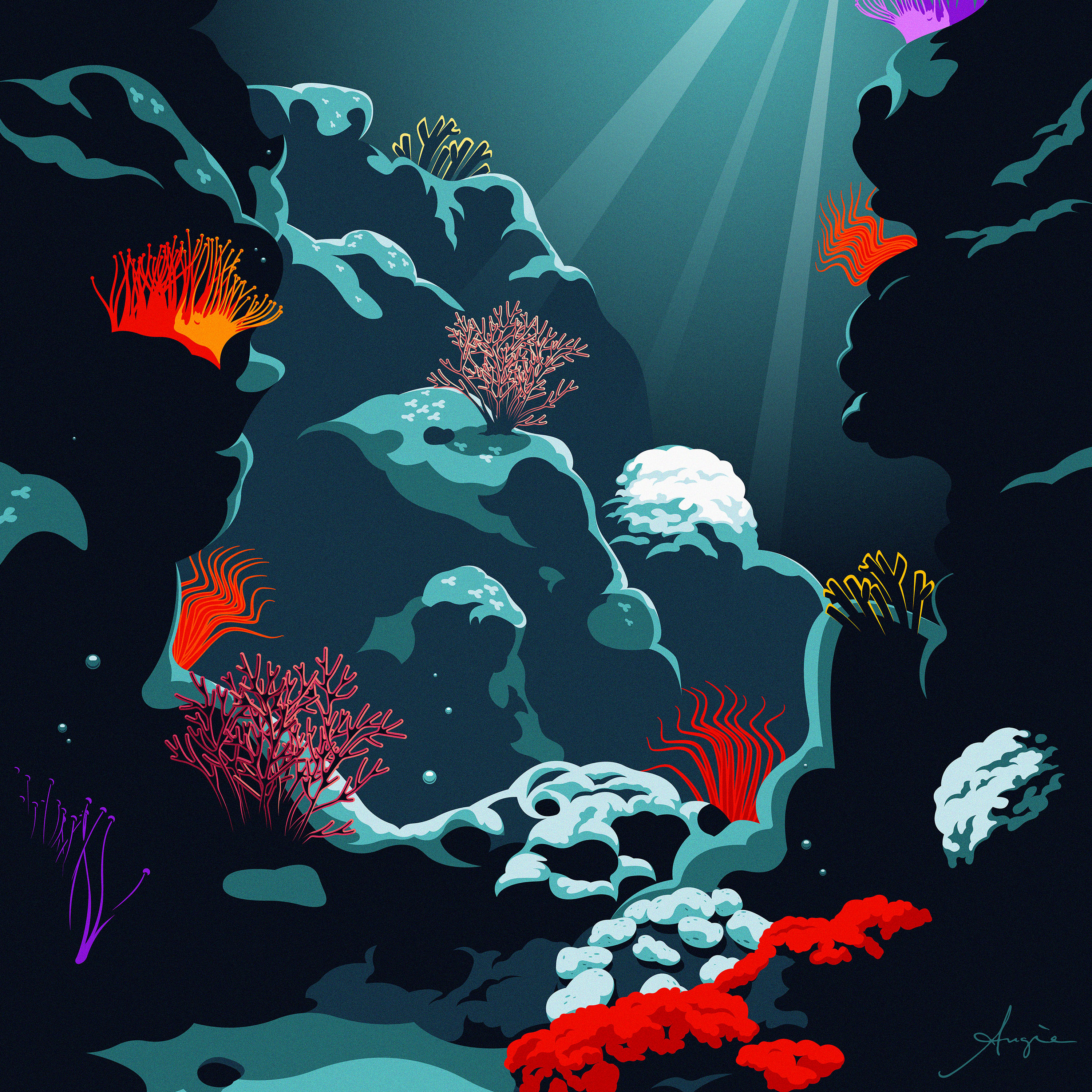"Alta in Caerula" - Bidder's Edition adobe illustrator blue contrast coral daily art flat design illustration ocean orange reef sea seafloor sealife stylized vector vector illustration yellow