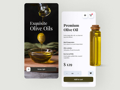 Premium Olive Oil App artisanaldesign branding ecommerce foodapp luxuryproduct minimalistdesign mobileappdesign moderndesign oliveoil productdesign ui uidesign userexperience warmgray