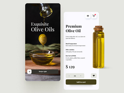 Premium Olive Oil App artisanaldesign branding ecommerce foodapp luxuryproduct minimalistdesign mobileappdesign moderndesign oliveoil productdesign ui uidesign userexperience warmgray