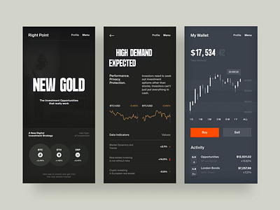 new gold crypto inv mobile app clean crypto dark green investement minimal mobile orange real estate simple ui voit xandovoit