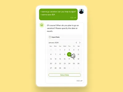 finpal: AI Finance Assistant App - Goal Schedule Calendar UIUX ai chatbot app ai finance app ai finance assistant calendar ui chat bubble chat ui chatbot ui clean date picker date picker ui finance app finance assistant finance companion finance ui kit green minimal modern simple soft yellow