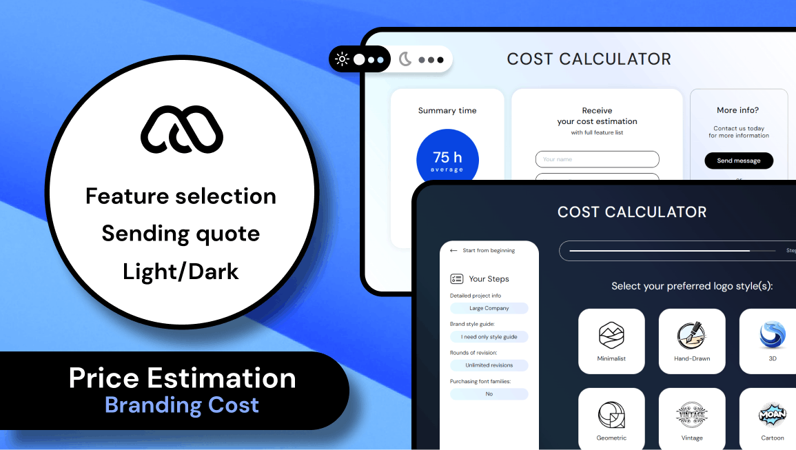 Branding Estimation Calculator. branding bubble bubble io bubble.io cost calculator design estimation features section mindforapps no code price estimation quotes
