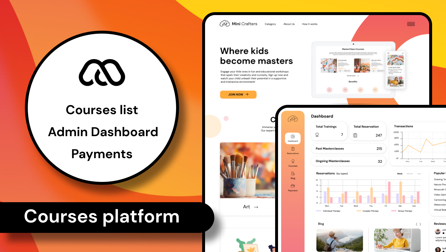 Courses Platform for kids - Mini Crafters admin dashboard bubble bubble io bubble.io courses design kids learning mindforapps no code platform search