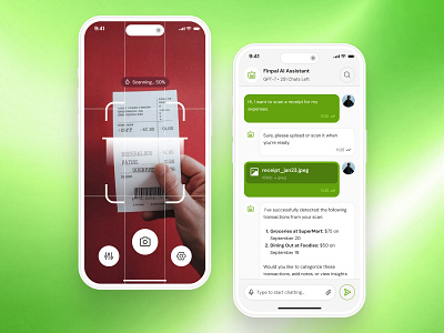 finpal: AI Finance Assistant App - Smart Receipt Scan Expense UI ai chatbot app ai finance app chat bubble chat ui chatbot app clean finance app finance assistant finance companion finance ui finance ui kit gradient green image scan minimal modern scan ui scanner app simple video scan
