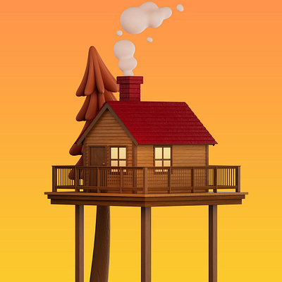 Cabin 3d arcade studio autumn cgi digital fall folioart illustration