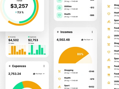 Light UI charts app app chart chart ui design expences figma finance financial fintech incomes layout light light ui list mobile ui price sales ui ui design ui template