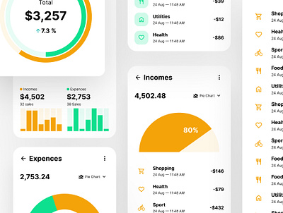 Light UI charts app app chart chart ui design expences figma finance financial fintech incomes layout light light ui list mobile ui price sales ui ui design ui template