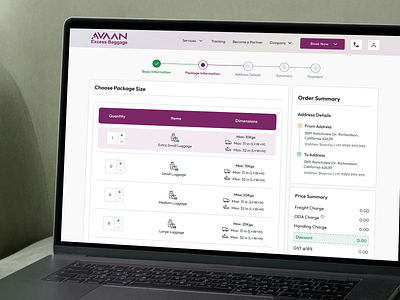 Excess Baggage Booking Website baggage baggage booking choose data choose package size excess baggage online select data selection table ui ux