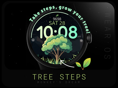 Tree Steps, modern digital Wear OS watch face activity design digital graphic design illustration modern samsung smartwatch steps technology tree ui vibrant watch watchface wear os