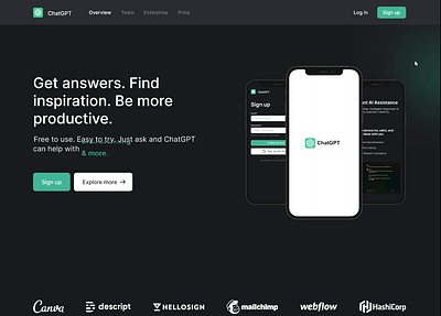 Chat GPT interactive landing page animation buttoninteraction chatgptlanding page darktheme hovereffectintraction interacrtivedesign prototyping ui website