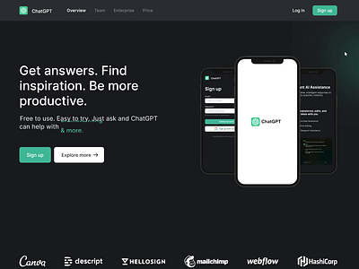 Chat GPT interactive landing page animation buttoninteraction chatgptlanding page darktheme hovereffectintraction interacrtivedesign prototyping ui website