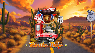 Logotype - Adventure themed slot game “Route Trip” cactus cadillac casino casinogames casinoslots digital art gambling game art game design gamedesigners gamedeveloper gaming graphic design logo mountains onlineslots road 66 saleslots slotmachine