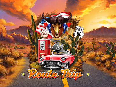 Logotype - Adventure themed slot game “Route Trip” cactus cadillac casino casinogames casinoslots digital art gambling game art game design gamedesigners gamedeveloper gaming graphic design logo mountains onlineslots road 66 saleslots slotmachine