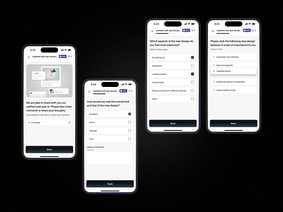 OnePulse: Survey mobile app answers drag and drop minimalistic mobile app multiselect product design questions single select survey ui components ui design