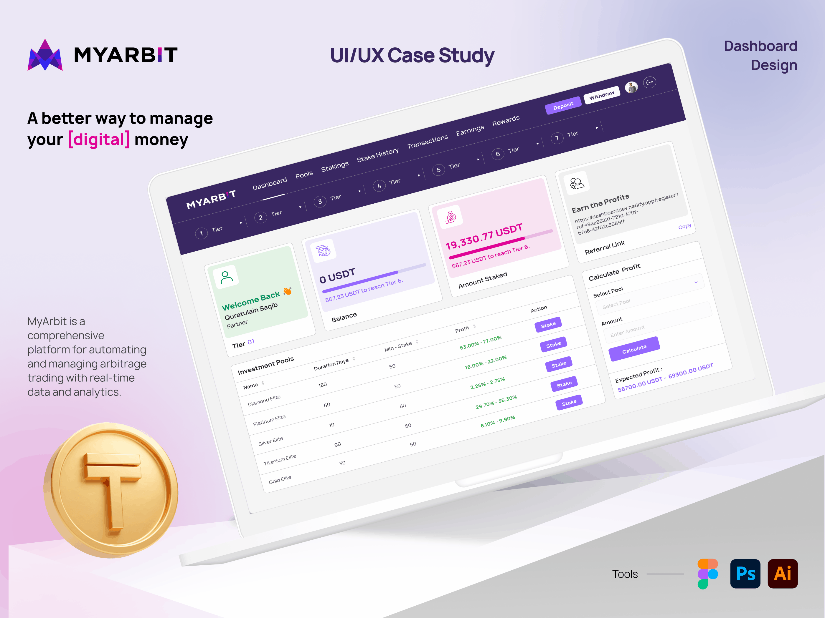 MyArbit | Digital Money | Web App Case Study animations component cryptocurrency dashboard design process design system landing page mockups modern design money prototype research ui uiux understanding user experience user interface webapp website wireframes