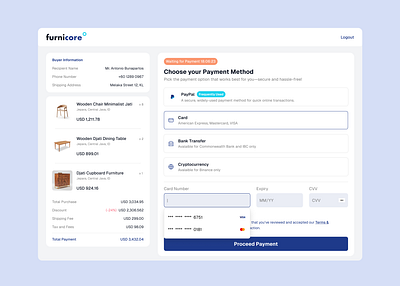 Furnicore Payment Method - Day 2/7 UI Challenges bank transfer button card chair choosing payment method credit card design frequently used furniture pay payment payment method paypal product purchase selected shopping table ui website