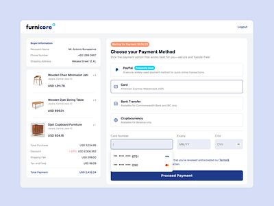 Furnicore Payment Method - Day 2/7 UI Challenges bank transfer button card chair choosing payment method credit card design frequently used furniture pay payment payment method paypal product purchase selected shopping table ui website