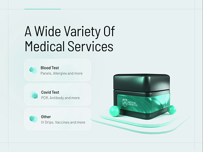 Mobile Phlebotomy Services 3d animation blood test box branding covid healthcare landing page light medical services mint model motion graphics phlebotomy test tube ui