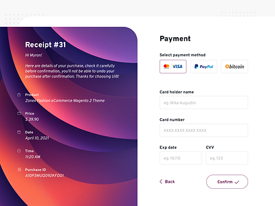 Payment final step design UI colorful design final step invoice minimal modern payment paypal receipt ui ux visa