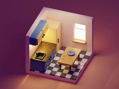 isometry of the kitchen 3d animation blender graphic design kitchen low poly motion graphics peace