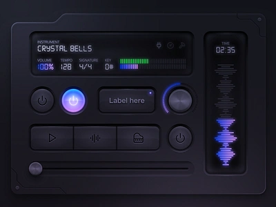 Skeuomorphic UI Elements buttons dark theme digital display glow gui highlights interface knob realistic shadows shine skeuomorphic slider ui design vst