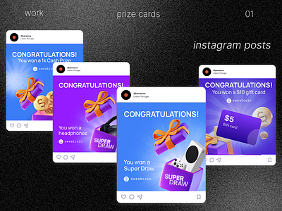 Social Media gift cards for Sweatcoin 3d ads advertising ads branding campaigns design graphic design illustration instagram instagrampost posts socialmedia twitterpost ui vector