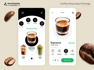 Coffee Shop App UI Design app black branding coffee design graphic design logo minimal ui uiux ux