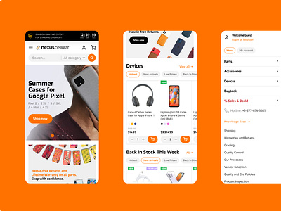 Mobile commerce Nexus Cellular. Brand Identity & Website canada carriers catalog cellular commerce ecommerce homepage logo magento magento2 mobile mobile app mobile commerce orange parts phones product list shop store ui