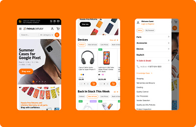 Mobile commerce Nexus Cellular. Brand Identity & Website canada carriers catalog cellular commerce ecommerce homepage logo magento magento2 mobile mobile app mobile commerce orange parts phones product list shop store ui