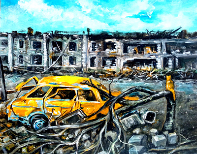 Ukrainian War Art with Cat and Shahed Drone, Buildings and Car art building cat hand painted handmade paint painting ukraine war