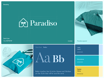 Paradiso. Real Estate company branding blue branding colours cyan design boutique graphic design green logo logotype minimalism palm tree paradise style guide theroom typography ui web web design yellow