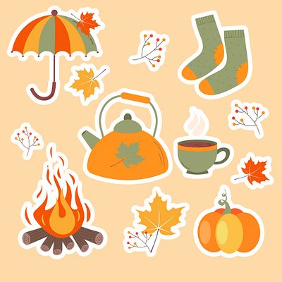 Autumn stickers adbe illustrator ai artist autumn branding design draw drawing figma fire freelance graphic graphic design illustration illustrator picture pumpkin stickers tea umbrella