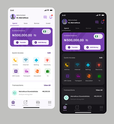 A Fintech mobile application. Light theme and dark theme branding ui