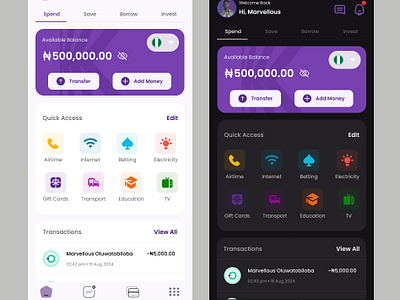 A Fintech mobile application. Light theme and dark theme branding ui