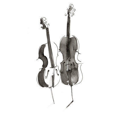 Two Cellos black and white music pen and ink