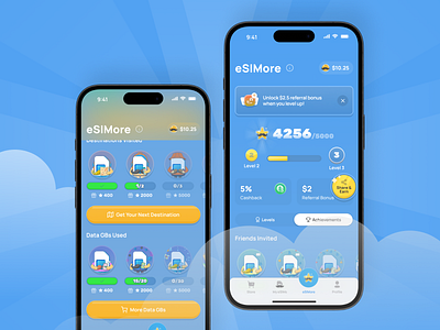 Gamified Loyalty Interface for eSIMo – eSIM Marketplace App chievementsystem esim gamification gamifiedui inspiration interactivedesign levelupsystem loyaltyprogram mobileappdesign refferal ui userengagement ux