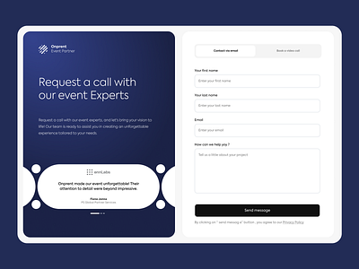 Onprent Event Agency - Contact section agency contact contact us events form minimalist ui web design