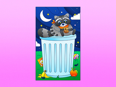 Peachtober24: Paw animal illustration apple banana character design colorful design eating flat foodie fruit illustration illustrator night raccoon stationary design story telling texture trash can trash panda vector