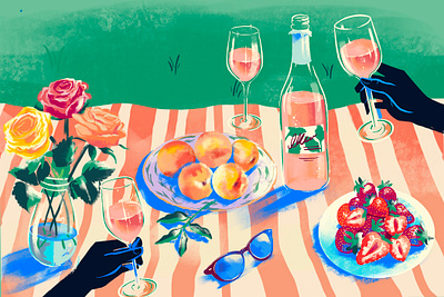 Rosé for Melbourne Food and Wine Festival expressive gestrual hands illustration melbrourne picnic procreate roses rosé sparkling summer wine