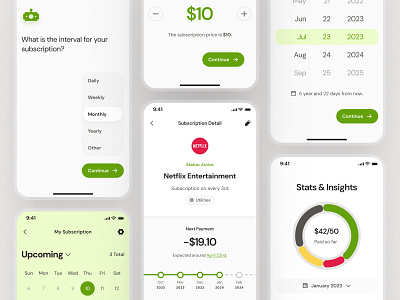 finpal: AI Finance Assistant App - Subscription Management UIUX ai finance app calendar ui clean finance ui finance ui kit fintech ui kit green minimal modern pie chart pie chart ui simple soft spending app spending ui subscription app subscription management subscription management app subscription management ui subscription ui