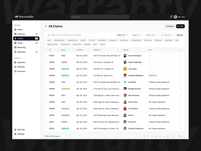 WarrantyGo - SAAS PLATFORM (Client) claim management company management platform design saas saas dashboard saas product saas tool sales management warranty warranty management