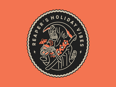 Reaper's Holiday Vibes apparel badge branding clothing brand ghost graphic design hallowen holiday illustration line work logo merchandise patch patch design reaper reapers spooky sticker tropical tropical vibes