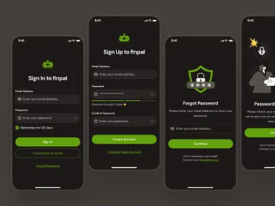 finpal: AI Finance Assistant App - Sign In/Sign Up Auth UIUX authentication clean dark mode figma ui kit finance ui kit forgot password forgot password ui log in login minimal modern register sign in sign in screen sign in ui sign up sign up screen sign up ui simple text input