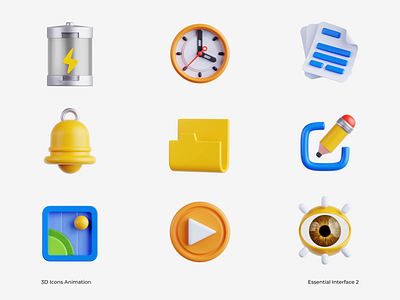 UI 3D Icon Animation 3d battery blender clock document edit eye icon icon pack icon set illustration image picture play ui