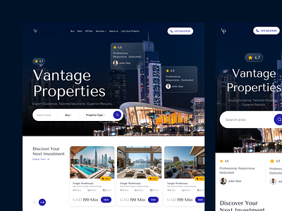 Landing Page - Vantage Properties investmentproperties luxuryproperties minimalistdesign propertylisting realestate realestateapp realestatetech responsivedesign uidesign webdesign