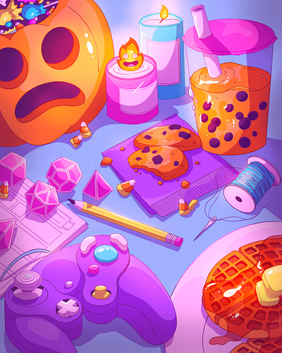 Favorite Things autumn boba bright candle character collage colorful controller design dice fall game gamecube graphic design halloween illustration inktober procreate pumpkin waffles