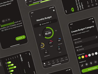 finpal: AI Finance Assistant App - Monthly Budgeting Flow UIUX ai finance app budget budget app budgeting budgeting app budgeting ui chart ui clean dark mode figma ui kit finance app finance assistant finance companion finance ui finance ui kit green minimal pie chart simple smart finance