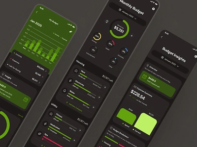 finpal: AI Finance Assistant App - Intelligent Budgeting UIUX ai finance app bar chart budget budget app budget chart budgeting budgeting app chart ui clean dark mode finance app finance chart finance companion finance ui kit green minimal modern pie chart simple transaction ui