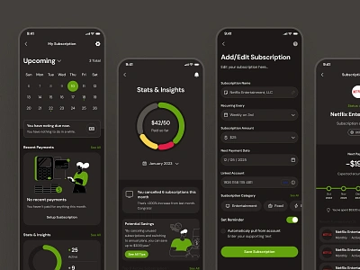 finpal: AI Finance Assistant App - Subscription Management UIUX add subscription ai finance app calendar ui chart ui dark mode edit details finance companion finance ui kit green minimal new subscription pie chart simple subscription subscription app subscription details subscription management subscription management app subscription ui text input