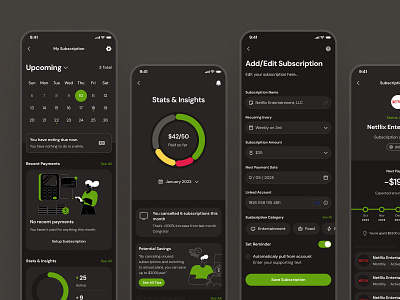 finpal: AI Finance Assistant App - Subscription Management UIUX add subscription ai finance app calendar ui chart ui dark mode edit details finance companion finance ui kit green minimal new subscription pie chart simple subscription subscription app subscription details subscription management subscription management app subscription ui text input